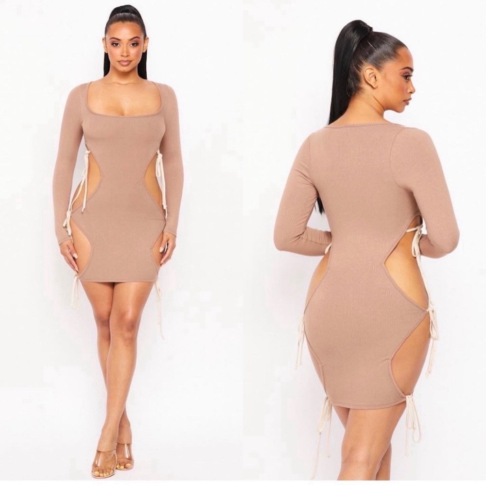 Tan ribbed long sleeve lace up sides bodycon fit